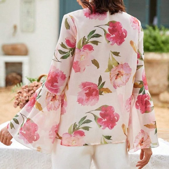 Multicolor Elegant Womens Floral Print Tie Neck Blouse - Picture 3 of 5